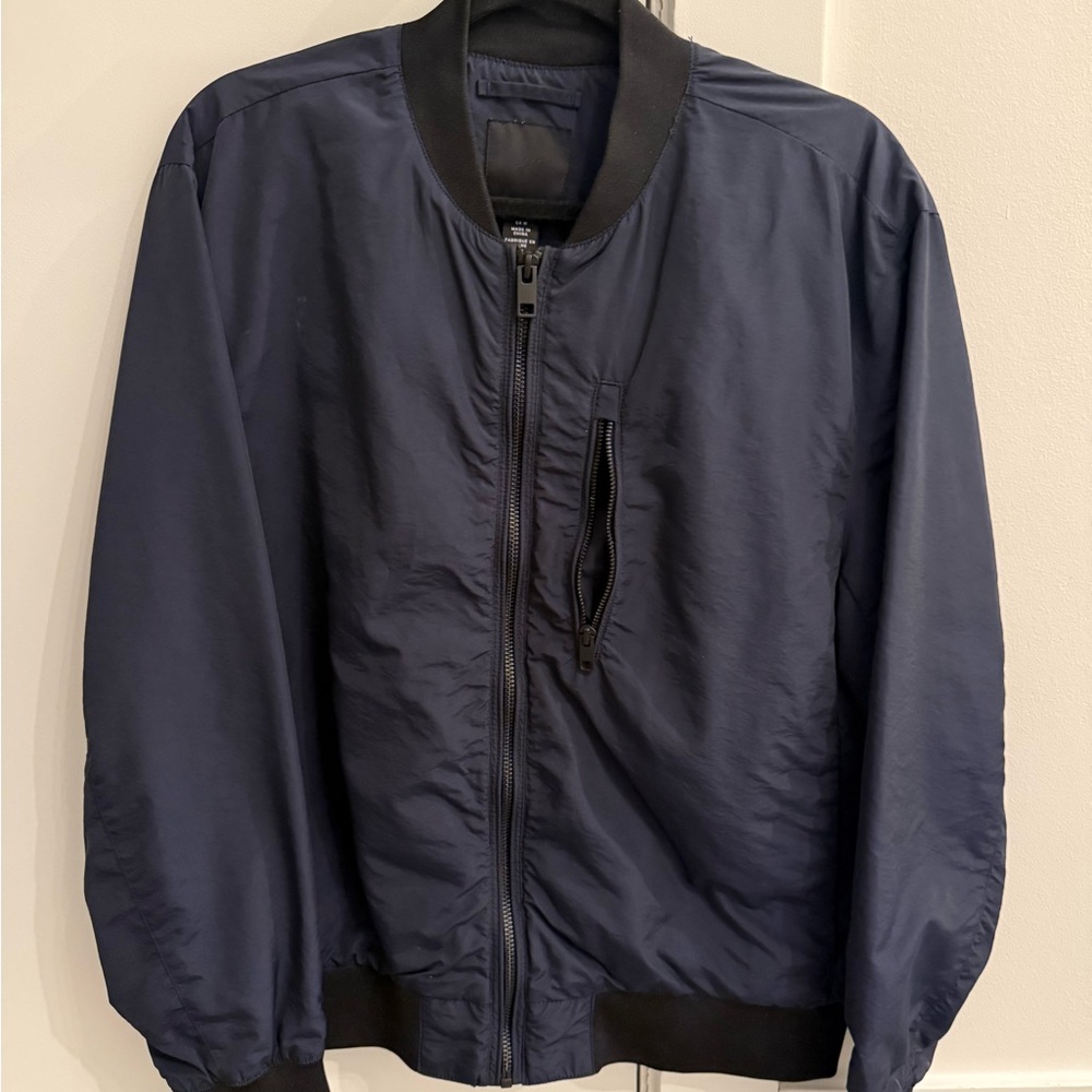 H&M Blue Bomber Jacket with Ribbed Collar and Relaxed Fit